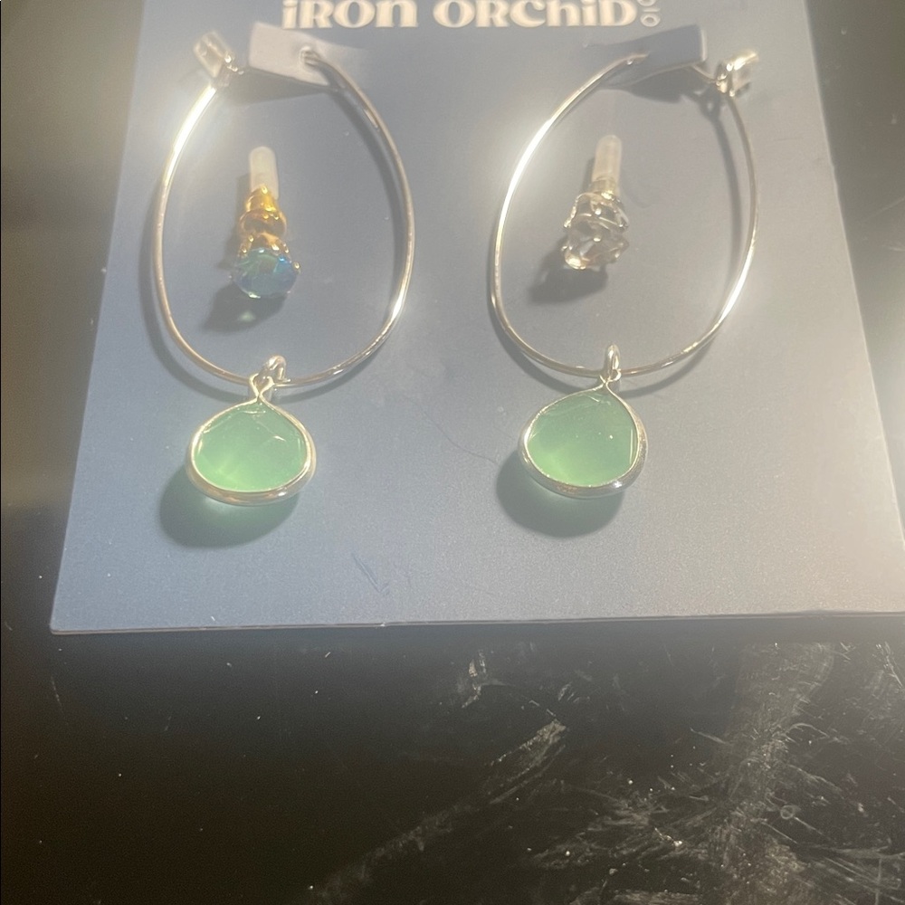 Iron Orchid Silver Hoop Earrings with Green Charm & Stud Accents